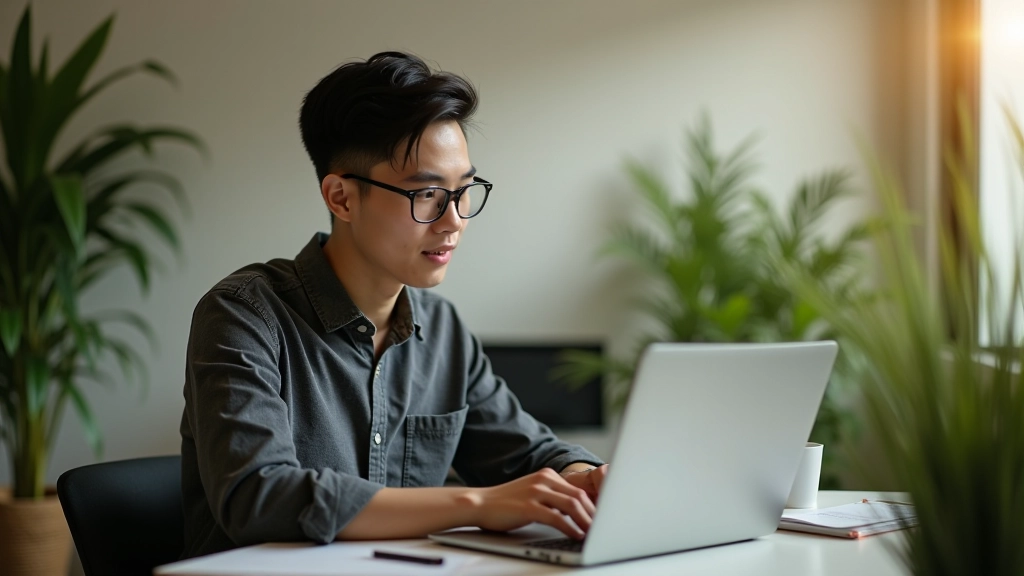 Designer working on laptop with design tools open, sitting in modern minimalist workspace with plants
