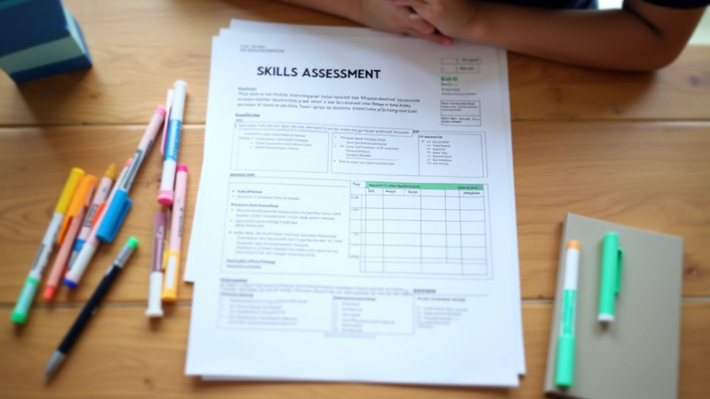 Detailed close-up of skills assessment report with charts, metrics, and development recommendations highlighted with colored markers